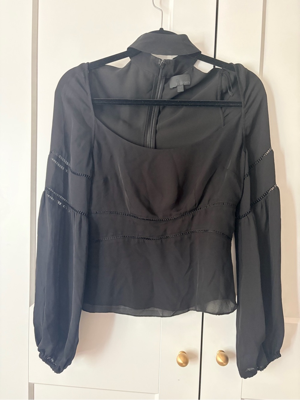 INTERMIX Black Silk Cut Out Long-Sleeve  Choker Blouse | S